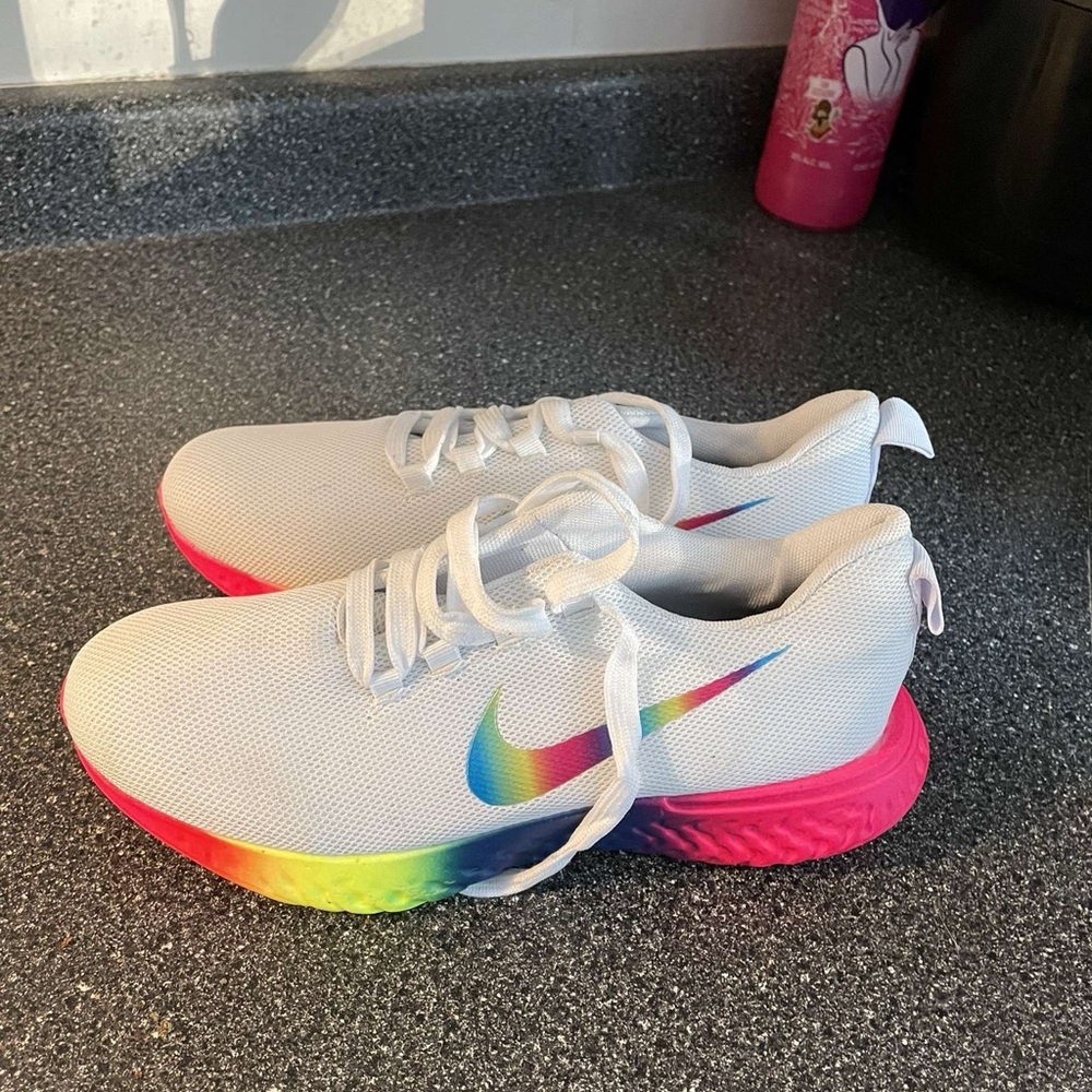 Nike White Sneakers with Rainbow Swoosh